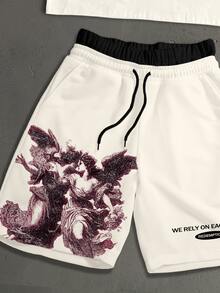 StoneGrade American Vintage Classical Angel Cursive Typography Fashion Print Men's Standard Size Cropped Loose Fit Batwing Sleeve Short Sleeve T-Shirt & Double Waistband Short Sweatpants Set - Apricot - View 3