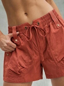 Bohemela Celana Pendek Kasual Serbaguna untuk Wanita, Warna Polos, untuk Sehari-hari - Coklat - View 1