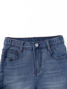 SHEIN 女童清新時尚復古水洗牛仔褲，破洞喇叭褲街頭風 - 深色水洗藍 - 查看 4