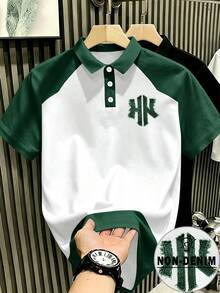 Manfinity Hypemode 男士美式復古做舊牛仔效果對比色 NY 字母印花 Polo 衫，成熟休閒上衣，適合日常通勤與夏季休閒穿著，正式老錢風 - 彩色 - 查看 1