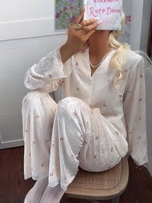 CottageSlumber Women's Cherry Print Gold Rhinestone Velvet Contrast Lace Pajama Set - Apricot - View 1