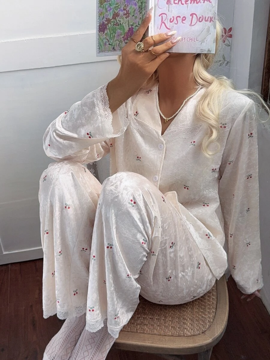 CottageSlumber Women's Cherry Print Gold Rhinestone Velvet Contrast Lace Pajama Set - Apricot - View 1