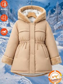 SHEIN 秋冬新款青少年女孩保暖內裡連帽中長版填充外套，收腰設計，羊羔毛領，加厚卡其色外套，寬鬆版型，時尚保暖，適合日常通勤、外出、聚會、拍照 - 卡其色 - 查看 7