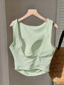 SHEIN EZwear 春夏薄荷綠加厚露背短版背心上衣 - 薄荷綠 - 查看 4