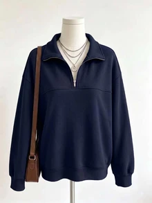 SHEIN 青少年女孩純色休閒百搭日常穿著長袖運動衫 - 藏蓝色 - 查看 3