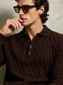 TONEVAULT Men's Cable Knit Polo Collar Long Sleeve Casual Sweater - Brown - View 5