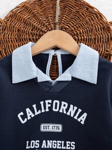 SHEIN 女童字母印花 2 合 1 拼接休閒日常長袖衛衣 - 藏蓝色 - 查看 7