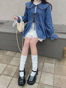 FRIFUL Women's Korean Style Fashion Tie-Up Bell Sleeve Denim Top Fall - Medium Wash - View 2
