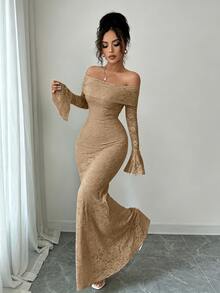 Rafferiza 女款優雅時尚年輕簡約百搭修身露肩大翻領喇叭袖魚尾中長洋裝，秋季 - 卡其色 - 查看 4