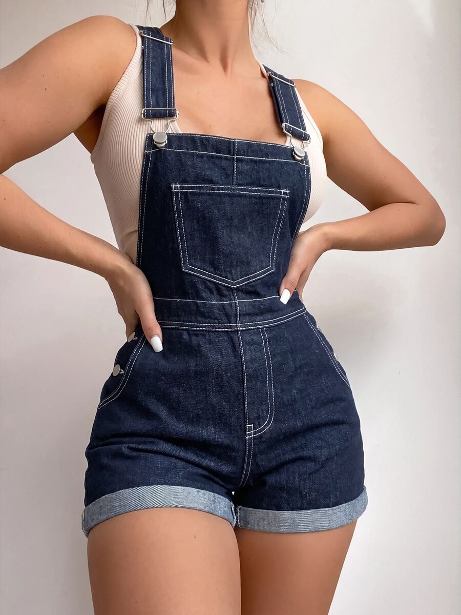 SHEIN Essnce 夏季休閒牛仔吊帶短褲 - 深色水洗藍 - 查看 1