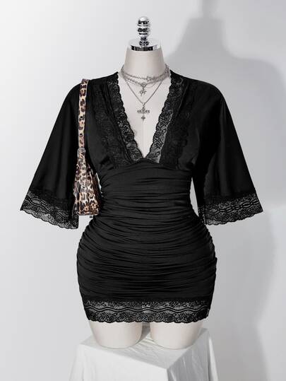 SHEIN ICON Women's Plus Size Retro Sexy Millennial Style Y2K Simple Casual Elegant Commuter Modern Lace Patchwork Dress
