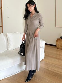 DAZY Women's Elegant Button Half-Placket Waist-Cinching Sweater Dress - Khaki - View 4