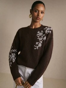 Poéselle Women's Brown Floral Embroidered Fuzzy Knit Sweater Soft Cozy Crewneck Long Sleeve Pullover Fall Christmas Everyday French Elegant Romantic Brunch - Brown - View 5