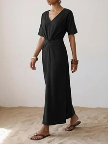 Zivah Spring/Summer New Casual Vacation Solid Color Knot Dress - Black - View 4