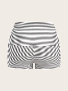 SHEIN BASICS 休閒極簡風彈性腰頭黑白細條紋針織短褲，適合春夏穿著 - 彩色 - 查看 8
