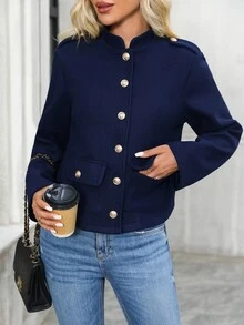 EMERY ROSE Jaket Lengan Panjang Kasual Warna Polos Serbaguna untuk Wanita, Pakaian Musim Gugur untuk Wanita, Busana Musim Dingin untuk Wanita - Navy Blue - View 6