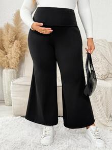 Plussiva Plus Size Maternity Solid Color Adjustable Waist Casual Daily Long Pants - Black - View 4