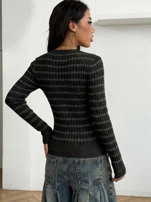 Coolane Casual Street Style Black & Grey Ribbed Ribbed Deep V-Neck Women's Sweater, Suitable For Autumn/Winter - Multicolor - View 2
