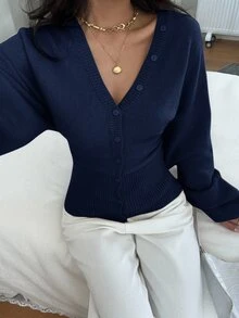 Siren Gaze Women's Solid Color Button Fitted Waist Knit Cardigan, Casual Everyday Wear, Autumn/Winter - Navy Blue - View 1