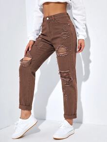 SHEIN EZwear 女款休閒日常牛仔褲，附口袋、鈕扣與磨損設計 - 咖啡棕 - 查看 5