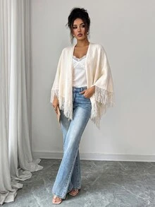 SHEIN Elenzya Jubah Syal Rajut Rumbai Putih Depan Terbuka untuk Wanita, Kardigan untuk Liburan Musim Gugur Gaya Boho - Aprikot - View 4