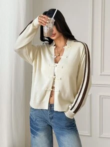 SHEIN PETITE New Chinese Style Frog Button Cardigan Jacket, Chinese Stand Collar Long Sleeve Knit Sweater - Apricot - View 1