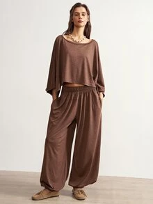 Bohemela Women's Solid Color Asymmetrical Shoulder Batwing Sleeve Top And Lantern Pants Casual 2 Pieces Set - Coffee Brown - View 6