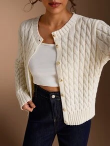 SHEIN BASICS Women's Solid Color Cable Knit Long Sleeve Button Up Casual French Basic Off-White Cardigan Work Office Brunch Outfits Autumn Back To School - White - View 2