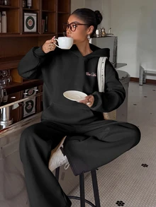 Muchica Letter Print Black Hoodie & Sweatpants Sports Set - Black - View 8