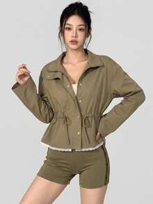 DAZY Lace Trim Drawstring Waist Sports Jacket Fall - Olive Green - View 2