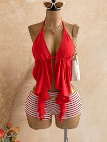 Soleia Bohemian Crochet Beach Shorts, Festival Style High Waist Woven Summer Vacation Casual Beach Pants, Mini Hot Pants Plus Women's Vacation Solid Color Asymmetric Hem Sexy Camisole Top Summer - Red - View 4