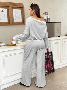 Muchica Plus Size Asymmetrical Shoulder Sweatshirt And Drawstring Waist Flared Pants 2 Pieces Set Fall - Light Grey - View 2