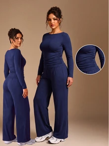 EMERY ROSE Plus Size Women Solid Color Pleated Long Sleeve Top And Pants Casual Daily 2 Pieces Set - Navy Blue - View 1