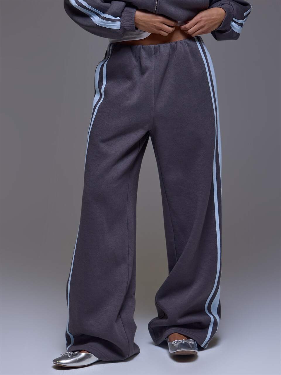 Grey Contrast Stripe Wide Leg Joggers