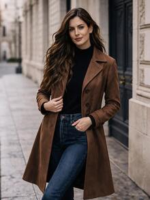 LUMIGAL Women French Style Coffee Brown Long Sleeve Coat, Elegant Faux Suede Pocket Winter Outerwear For Christmas Halloween New Year Party And Commute - Coffee Brown - View 7