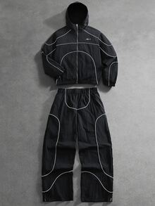STYNVO 男士拼色連帽長袖夾克與長褲休閒日常穿搭套裝 - 黑色 - 查看 1