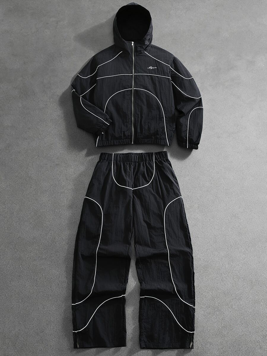 STYNVO 男士拼色連帽長袖夾克與長褲休閒日常穿搭套裝 - 黑色 - 查看 1