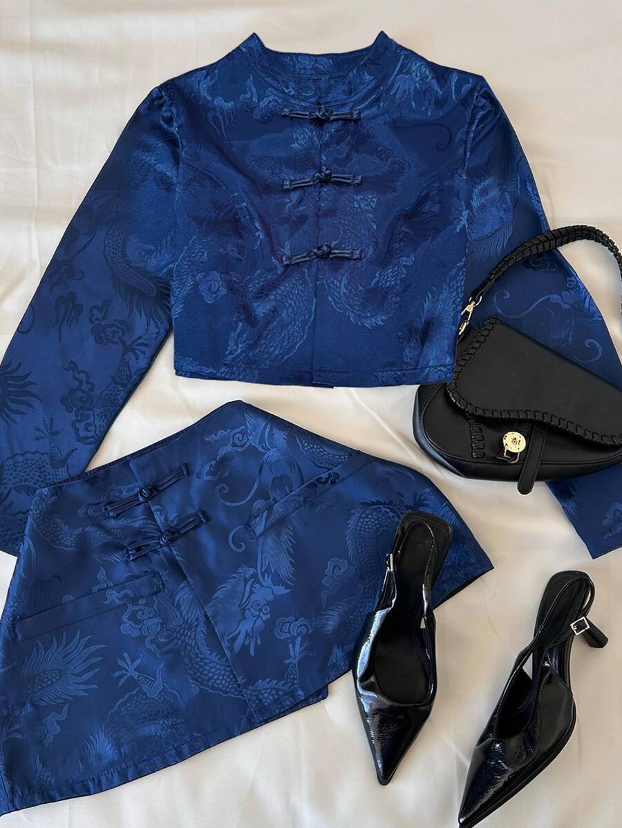 Franclia Spring/Autumn New Chinese Style Navy Blue Dark Pattern Dragon Motif 2 Pieces Set, Stand Collar Frog Button Short Puff Sleeve Top + High Waist A-Line Shorts, Vintage Modified Cheongsam Slimming Commute Travel Outfit - Navy Blue - View 1