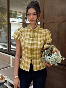 EastFlair 女款格紋休閒優雅百搭日常短袖上衣 夏季/早午餐 橄欖綠 - 彩色 - 查看 2