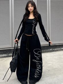 SHEIN 青少年女孩春/秋休閒街頭風針織黑色修身英文字水鑽方領/圓領長袖T恤與寬腿褲（可調式褲腳）2件套，適合秋冬內搭、日常出遊 - 黑色 - 查看 3
