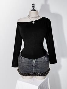 SHEIN ICON Kaos Hitam Ukuran Plus Wanita Gaya Y2K dengan Desain Sobek dan Usang di Bagian Belakang, Model Renda 2 in 1 Lengan Panjang untuk Musim Gugur - Hitam - View 2