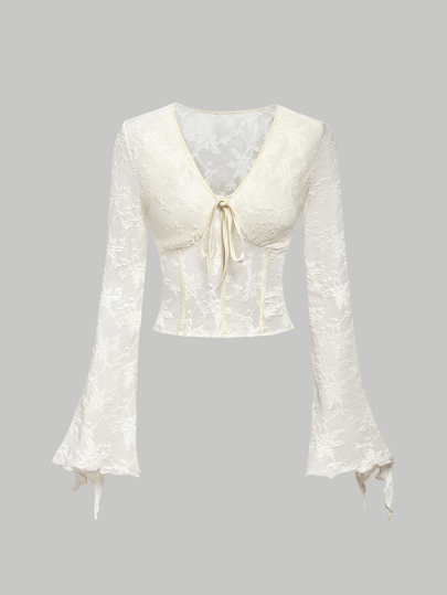 SHEIN MOD T-shirt femme en tricot jacquard abricot à manches évasées, dos transparent