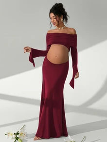 Cheriluna Maternity 女款露肩抓皺短版上衣 長袖緊身 孕婦拍照拍攝用 - 酒紅色 - 查看 6