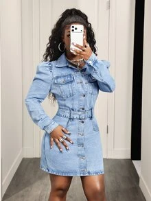 Slaydiva Gaun Denim Wanita Gaya Kasual Jalanan - Biru - View 1