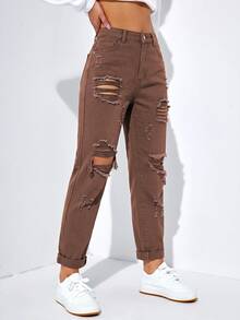 SHEIN EZwear 女款休閒日常牛仔褲，附口袋、鈕扣與磨損設計 - 咖啡棕 - 查看 3