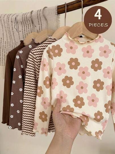 SHEIN Vintaside Kids 4pcs/Set, Young Girls Knitted Floral Stripe Pattern Print Ruffle Collar Casual Long Sleeve T-Shirt Top, Suitable For Autumn/Winter Wear, Back To School Casual Style Long Sleeve Solid Color Basic Slim Fit Top
