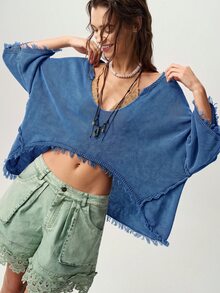 Bohemela 女款性感辣妹刷毛不對稱單肩毛衣 - 寶藍色 - 查看 6