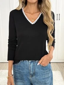 Easowa 女款V領撞色刺繡飾邊套頭T恤，95%可追溯棉布料，休閒寬鬆優雅通勤老錢風，秋冬款 - 黑色 - 查看 3