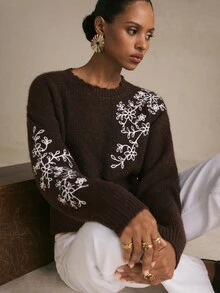 Poéselle Women's Brown Floral Embroidered Fuzzy Knit Sweater Soft Cozy Crewneck Long Sleeve Pullover Fall Christmas Everyday French Elegant Romantic Brunch - Brown - View 1