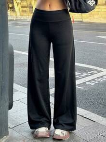 Pariaura Black Mid-Waist Drapey Flared Yoga Pants, Tummy Control Shaping High Elastic Daily Wear Running Training Sports Leggings - Black - View 3